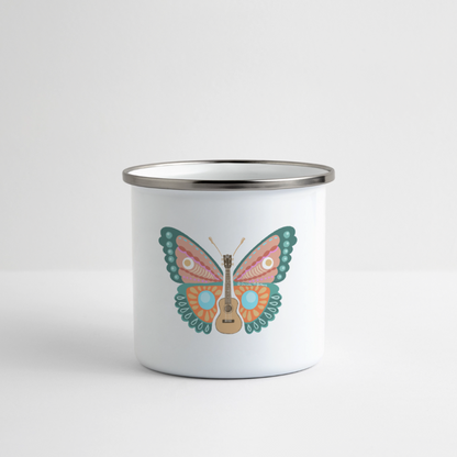 Ukulele Emaille-Tasse - "Ukulele Schmetterling" - Weiß