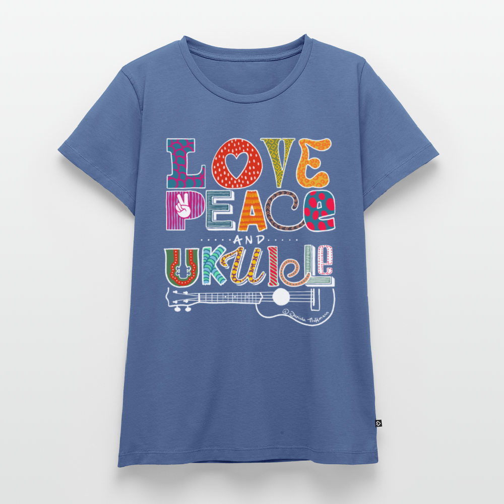 Damen Premium T-Shirt - „Love, Peace & Ukulele" - Taubenblau