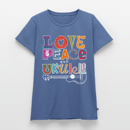 Damen Premium T-Shirt - „Love, Peace & Ukulele" - Taubenblau