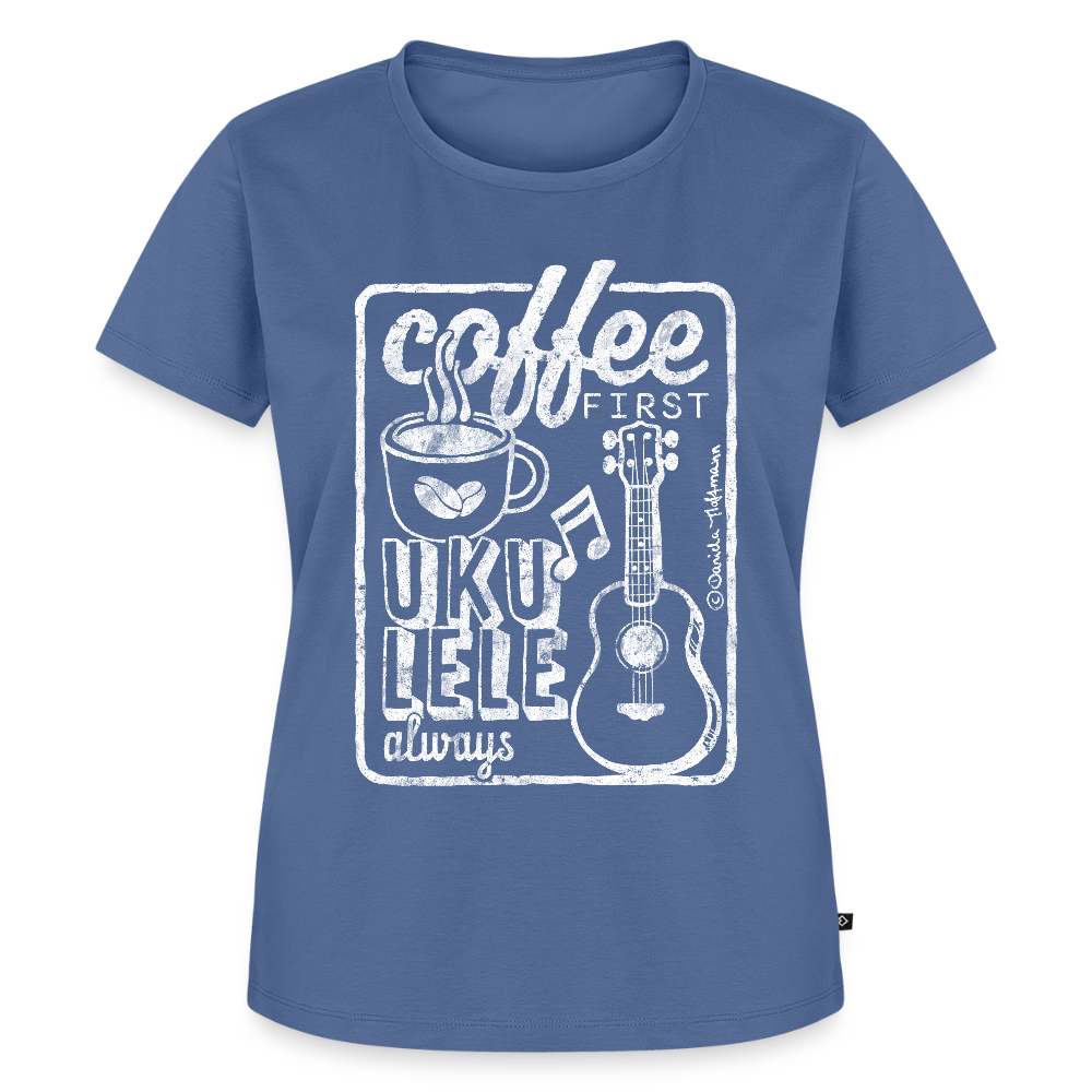 Damen Premium T-Shirt - "Coffee & Ukulele" - Taubenblau