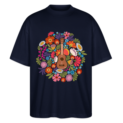Ukulele Damen T-Shirt - "Ukulele im Blumenmeer" - CURVY VIBES - Navy