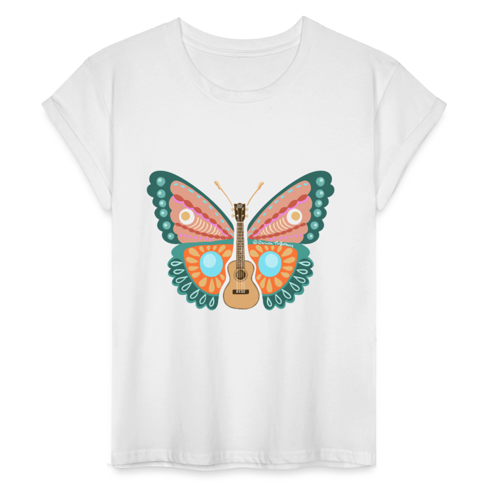 Ukulele Damen T-Shirt - "Ukulele-Schmetterling" - Weiß