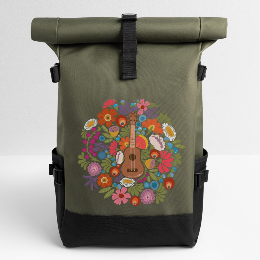 Ukulele Rolltop Rucksack "Ukulele im Blumenmeer" - Olive/Schwarz