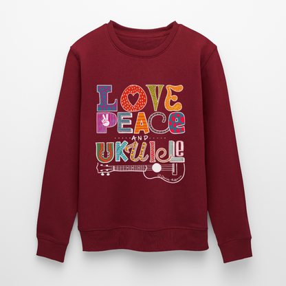 Ukulele-Sweatshirt - "LOVE, PEACE & UKULELE" - Burgunderrot