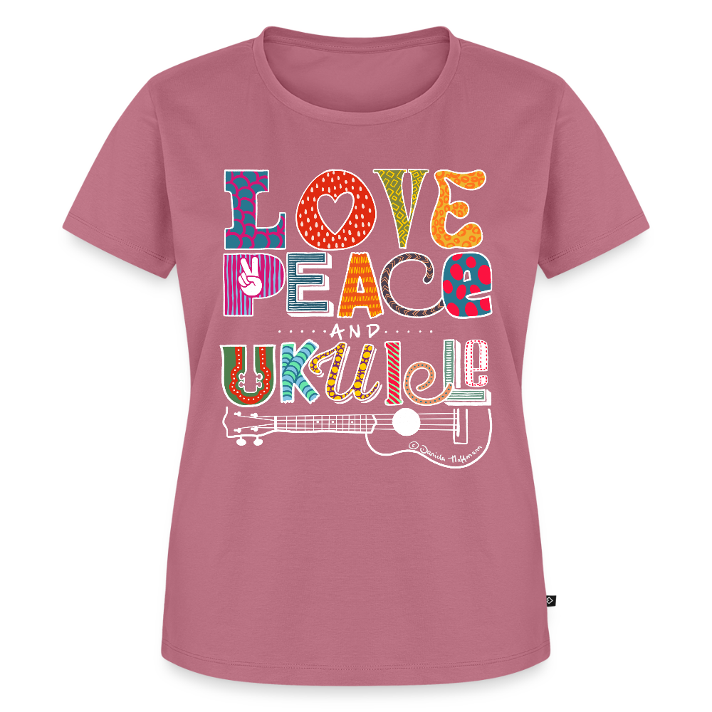 Damen Premium T-Shirt - „Love, Peace & Ukulele" - Mauve