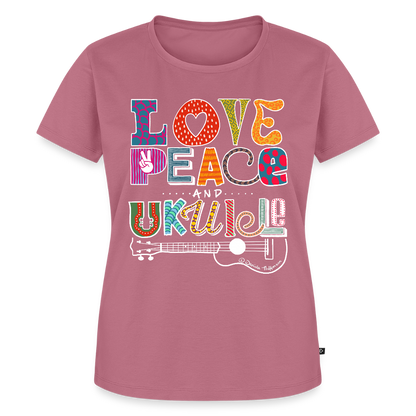 Damen Premium T-Shirt - „Love, Peace & Ukulele" - Mauve