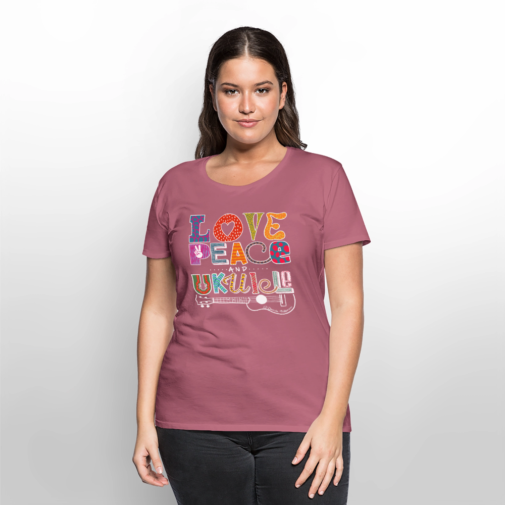 Damen Premium T-Shirt - „Love, Peace & Ukulele" - Mauve