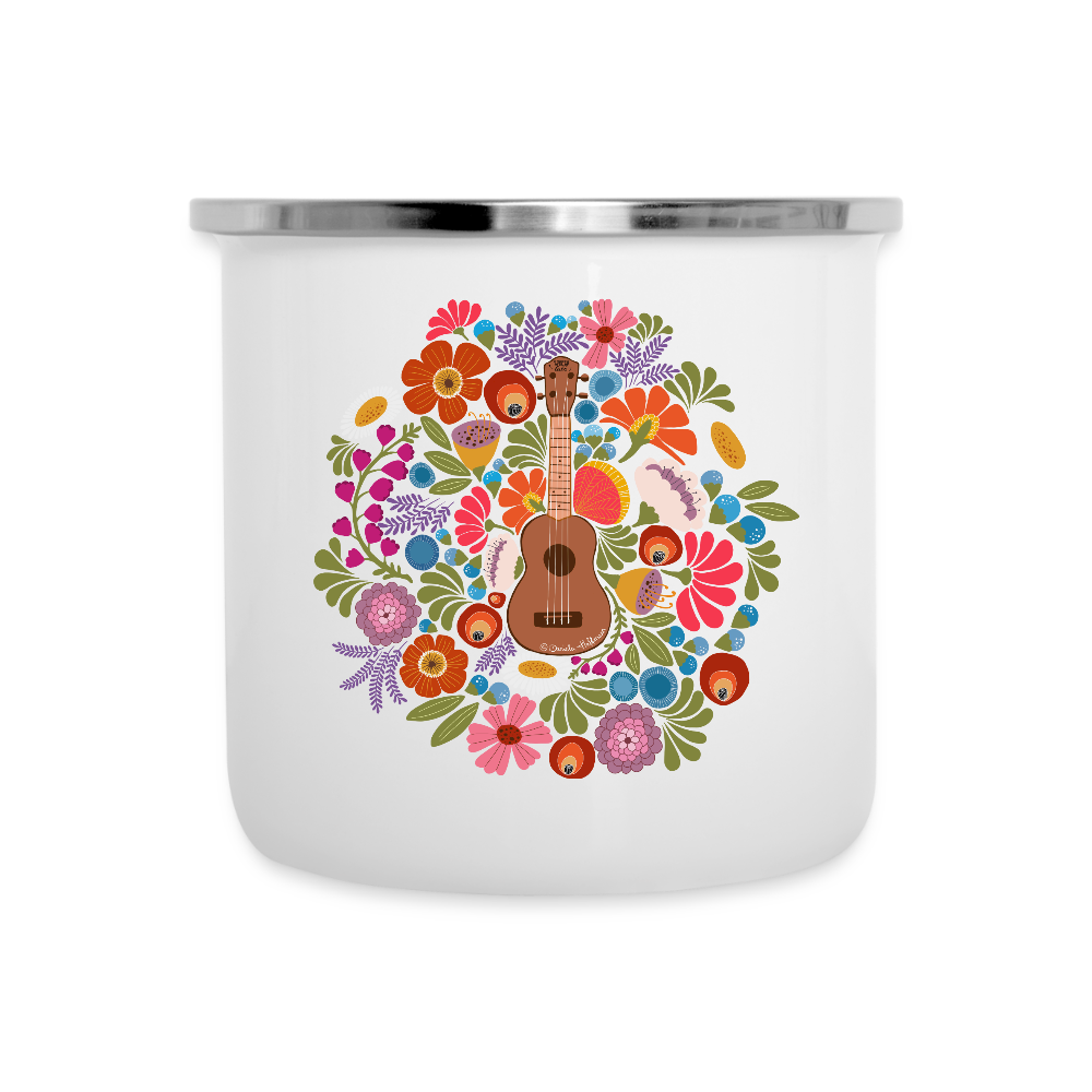 Ukulele Emaille-Tasse - Ukulele im Blumenmeer - Weiß