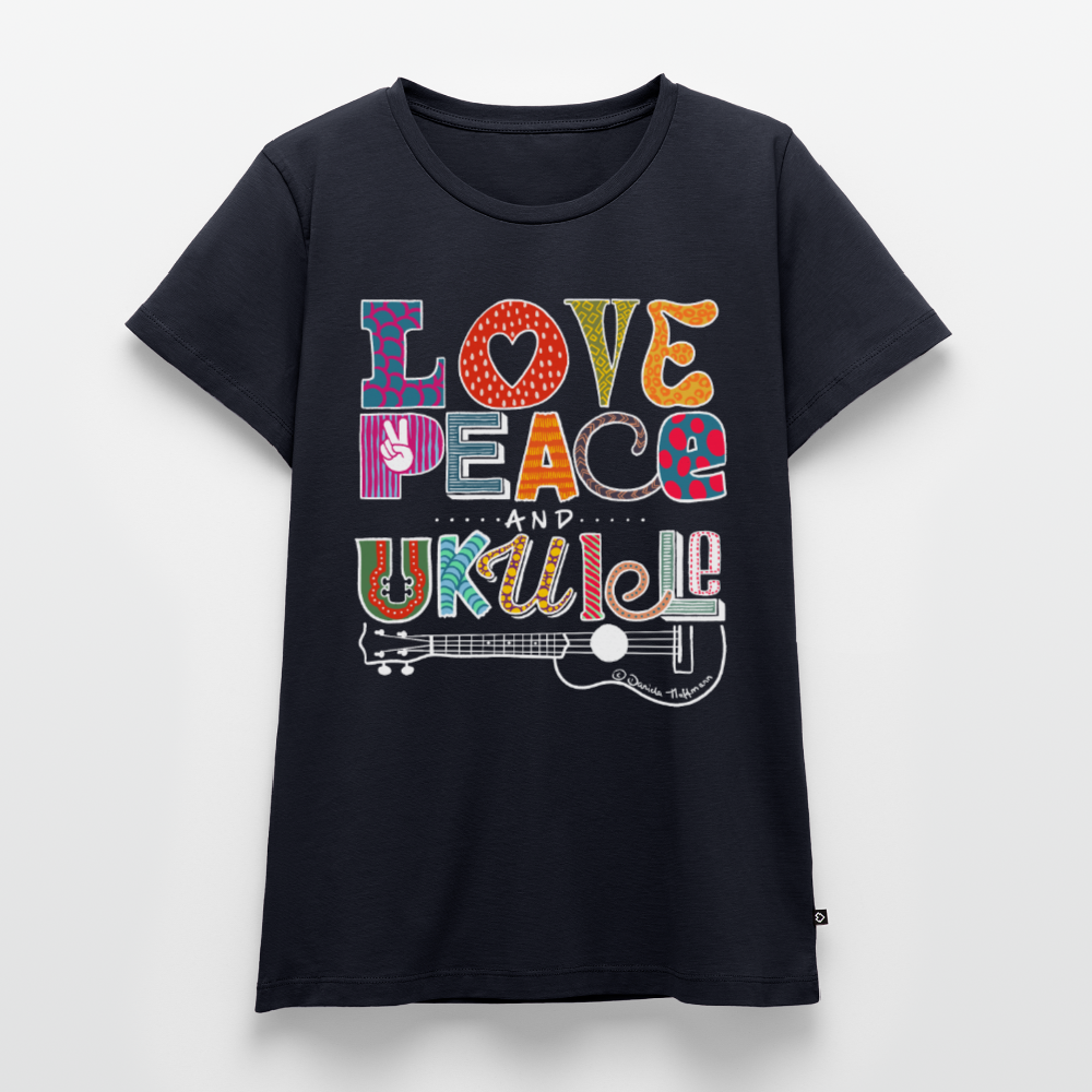 Damen Premium T-Shirt - „Love, Peace & Ukulele" - Navy