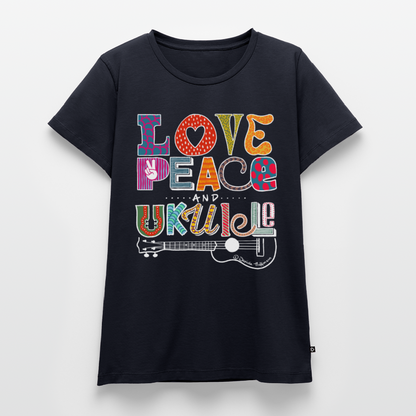Damen Premium T-Shirt - „Love, Peace & Ukulele" - Navy