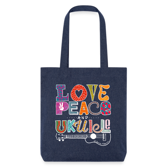 Baumwoll-Stoffbeutel mit "Love, Peace & Ukulele"-Design - melange Blue