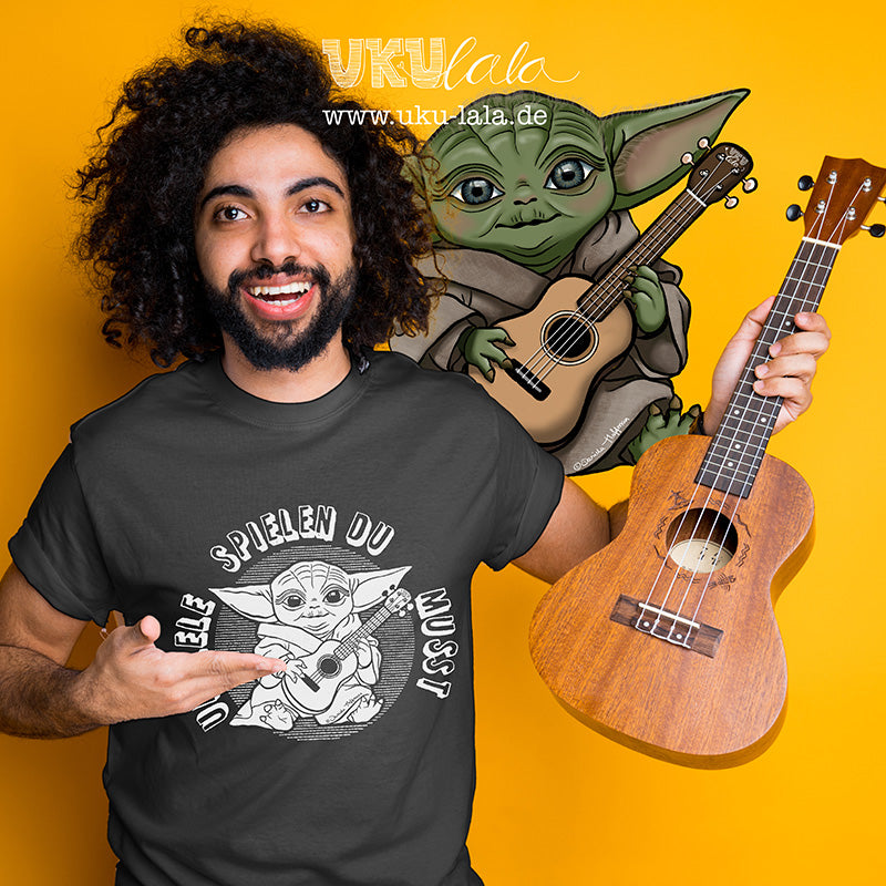 Ukulele T-Shirt Unisex - "Meister Yoda: Ukulele spielen du musst" - Schwarz/Weiß-Edition