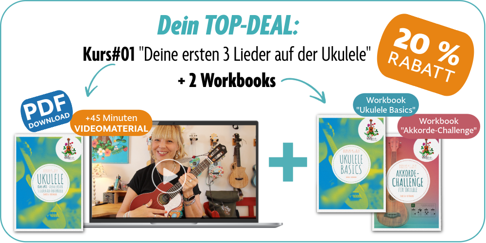 STARTER-BUNDLE: Kurs01 "Deine ersten 3 Lieder auf der Ukulele" + Workbooks "Basics" & "Akkord-Challenge"