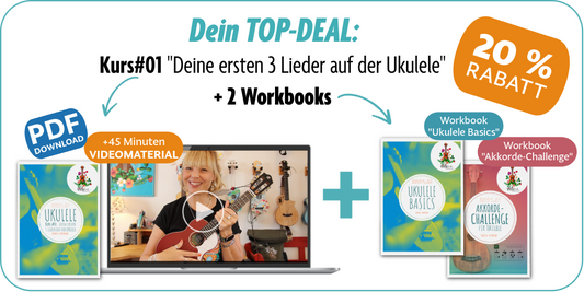 STARTER-BUNDLE: Kurs01 "Deine ersten 3 Lieder auf der Ukulele" + Workbooks "Basics" & "Akkord-Challenge"