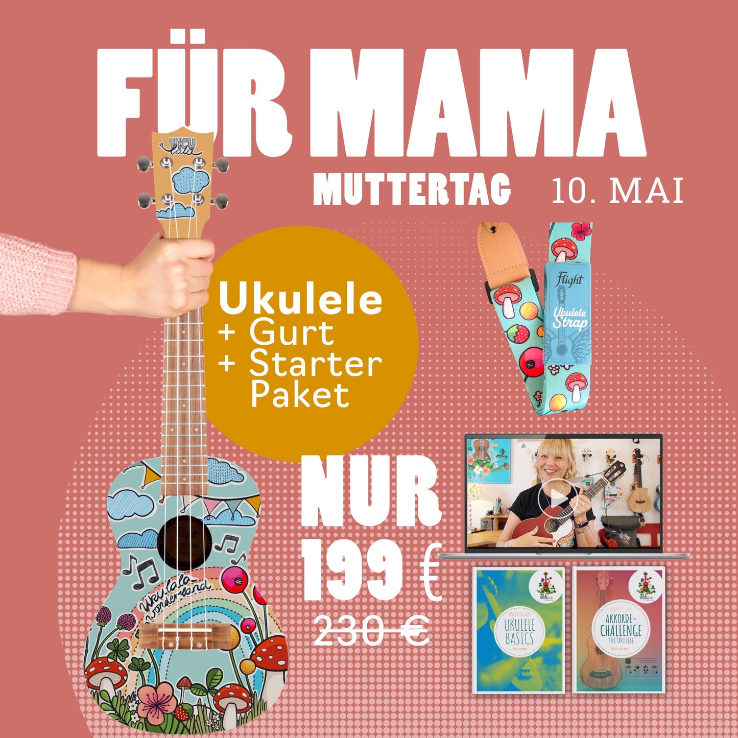Muttertag Special: Ukulele + Gurt + Starter-Paket