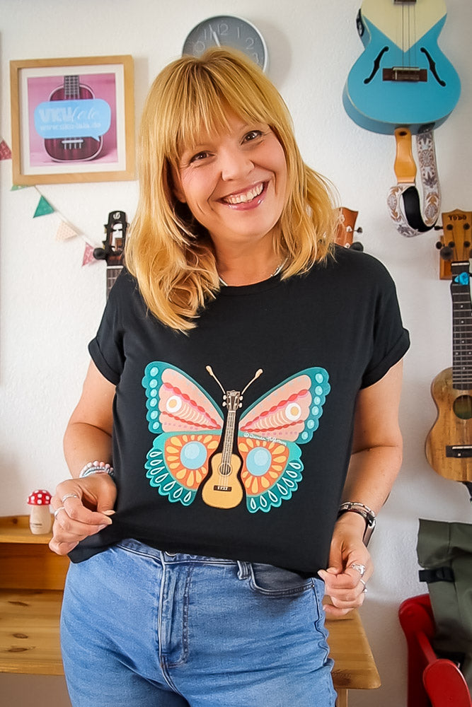 Ukulele Damen T-Shirt - "Ukulele-Schmetterling"